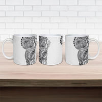 Hawaiian Traditional Tattoos Ceramic Mug Kakau Tribal Tropical Plant Motif White Color