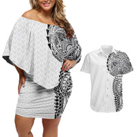 Hawaiian Traditional Tattoos Couples Matching Off Shoulder Short Dress and Hawaiian Shirt Kakau Tribal Tropical Plant Motif White Color