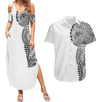 Hawaiian Traditional Tattoos Couples Matching Summer Maxi Dress and Hawaiian Shirt Kakau Tribal Tropical Plant Motif White Color