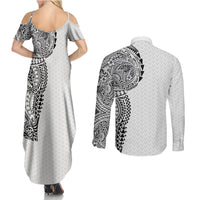 Hawaiian Traditional Tattoos Couples Matching Summer Maxi Dress and Long Sleeve Button Shirt Kakau Tribal Tropical Plant Motif White Color
