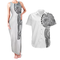 Hawaiian Traditional Tattoos Couples Matching Tank Maxi Dress and Hawaiian Shirt Kakau Tribal Tropical Plant Motif White Color