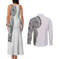 Hawaiian Traditional Tattoos Couples Matching Tank Maxi Dress and Long Sleeve Button Shirt Kakau Tribal Tropical Plant Motif White Color
