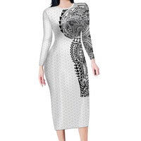 Hawaiian Traditional Tattoos Family Matching Long Sleeve Bodycon Dress and Hawaiian Shirt Kakau Tribal Tropical Plant Motif White Color LT03 Mom's Dress White - Polynesian Pride