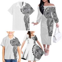 Hawaiian Traditional Tattoos Family Matching Off The Shoulder Long Sleeve Dress and Hawaiian Shirt Kakau Tribal Tropical Plant Motif White Color