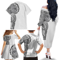 Hawaiian Traditional Tattoos Family Matching Off The Shoulder Long Sleeve Dress and Hawaiian Shirt Kakau Tribal Tropical Plant Motif White Color