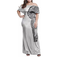 Hawaiian Traditional Tattoos Family Matching Off Shoulder Maxi Dress and Hawaiian Shirt Kakau Tribal Tropical Plant Motif White Color