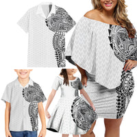 Hawaiian Traditional Tattoos Family Matching Off Shoulder Short Dress and Hawaiian Shirt Kakau Tribal Tropical Plant Motif White Color LT03 - Polynesian Pride