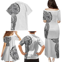 Hawaiian Traditional Tattoos Family Matching Puletasi and Hawaiian Shirt Kakau Tribal Tropical Plant Motif White Color