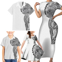 Hawaiian Traditional Tattoos Family Matching Short Sleeve Bodycon Dress and Hawaiian Shirt Kakau Tribal Tropical Plant Motif White Color LT03 - Polynesian Pride