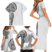 Hawaiian Traditional Tattoos Family Matching Short Sleeve Bodycon Dress and Hawaiian Shirt Kakau Tribal Tropical Plant Motif White Color LT03 - Polynesian Pride
