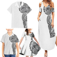 Hawaiian Traditional Tattoos Family Matching Summer Maxi Dress and Hawaiian Shirt Kakau Tribal Tropical Plant Motif White Color
