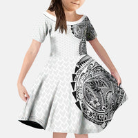 Hawaiian Traditional Tattoos Kid Short Sleeve Dress Kakau Tribal Tropical Plant Motif White Color