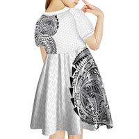 Hawaiian Traditional Tattoos Kid Short Sleeve Dress Kakau Tribal Tropical Plant Motif White Color