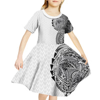Hawaiian Traditional Tattoos Kid Short Sleeve Dress Kakau Tribal Tropical Plant Motif White Color