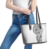 Hawaiian Traditional Tattoos Leather Tote Bag Kakau Tribal Tropical Plant Motif White Color