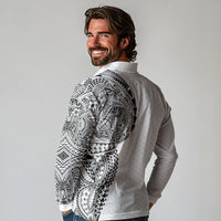 Hawaiian Traditional Tattoos Long Sleeve Polo Shirt Kakau Tribal Tropical Plant Motif White Color