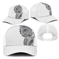 Hawaiian Traditional Tattoos Mesh Trucker Cap Kakau Tribal Tropical Plants Motif White Color