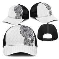 Hawaiian Traditional Tattoos Mesh Trucker Cap Kakau Tribal Tropical Plants Motif White Color
