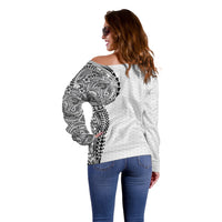 Hawaiian Traditional Tattoos Off Shoulder Sweater Kakau Tribal Tropical Plant Motif White Color