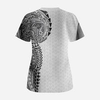 Hawaiian Traditional Tattoos Scrub Top Kakau Tribal Tropical Plant Motif White Color