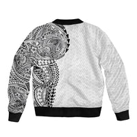 Hawaiian Traditional Tattoos Sleeve Zip Bomber Jacket Kakau Tribal Tropical Plant Motif White Color