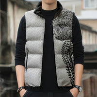 Hawaiian Traditional Tattoos Sleeveless Puffer Jacket Kakau Tribal Tropical Plant Motif White Color