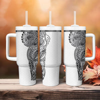 Hawaiian Traditional Tattoos Tumbler With Handle Kakau Tribal Tropical Plant Motif White Color
