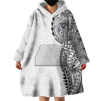 Hawaiian Traditional Tattoos Wearable Blanket Hoodie Kakau Tribal Tropical Plant Motif White Color