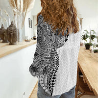 Hawaiian Traditional Tattoos Women Casual Shirt Kakau Tribal Tropical Plant Motif White Color