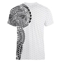 Hawaiian Traditional Tattoos Women V-Neck T-Shirt Kakau Tribal Tropical Plant Motif White Color