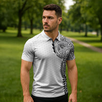 Hawaiian Traditional Tattoos Zipper Polo Shirt Kakau Tribal Tropical Plant Motif White Color