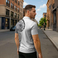Hawaiian Traditional Tattoos Zipper Polo Shirt Kakau Tribal Tropical Plant Motif White Color