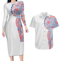 Hawaiian Traditional Tattoos Couples Matching Long Sleeve Bodycon Dress and Hawaiian Shirt Kakau Tribal Tropical Plant Motif Hawaii Flag Color Inspired