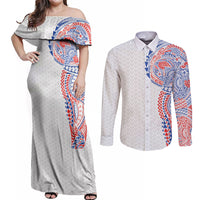 Hawaiian Traditional Tattoos Couples Matching Off Shoulder Maxi Dress and Long Sleeve Button Shirt Kakau Tribal Tropical Plant Motif Hawaii Flag Color Inspired