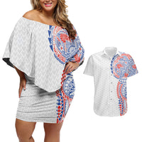 Hawaiian Traditional Tattoos Couples Matching Off Shoulder Short Dress and Hawaiian Shirt Kakau Tribal Tropical Plant Motif Hawaii Flag Color Inspired LT03 Multicolor - Polynesian Pride