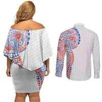 Hawaiian Traditional Tattoos Couples Matching Off Shoulder Short Dress and Long Sleeve Button Shirt Kakau Tribal Tropical Plant Motif Hawaii Flag Color Inspired