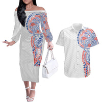 Hawaiian Traditional Tattoos Couples Matching Off The Shoulder Long Sleeve Dress and Hawaiian Shirt Kakau Tribal Tropical Plant Motif Hawaii Flag Color Inspired