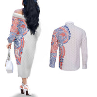 Hawaiian Traditional Tattoos Couples Matching Off The Shoulder Long Sleeve Dress and Long Sleeve Button Shirt Kakau Tribal Tropical Plant Motif Hawaii Flag Color Inspired