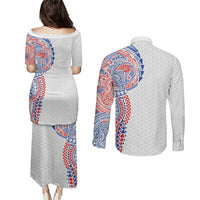 Hawaiian Traditional Tattoos Couples Matching Puletasi and Long Sleeve Button Shirt Kakau Tribal Tropical Plant Motif Hawaii Flag Color Inspired