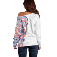 Hawaiian Traditional Tattoos Off Shoulder Sweater Kakau Tribal Tropical Plant Motif Hawaii Flag Color Inspired