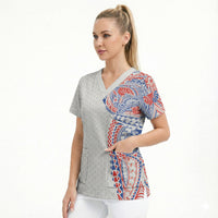 Hawaiian Traditional Tattoos Scrub Top Kakau Tribal Tropical Plant Motif Hawaii Flag Color Inspired