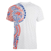 Hawaiian Traditional Tattoos Women V-Neck T-Shirt Kakau Tribal Tropical Plant Motif Hawaii Flag Color Inspired