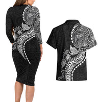 Hawaiian Kakau Tribal Sea Animals Tattoos Couples Matching Long Sleeve Bodycon Dress and Hawaiian Shirt Black Color