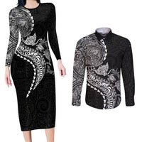 Hawaiian Kakau Tribal Sea Animals Tattoos Couples Matching Long Sleeve Bodycon Dress and Long Sleeve Button Shirt Black Color