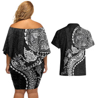 Hawaiian Kakau Tribal Sea Animals Tattoos Couples Matching Off Shoulder Short Dress and Hawaiian Shirt Black Color