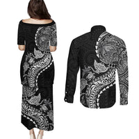 Hawaiian Kakau Tribal Sea Animals Tattoos Couples Matching Puletasi and Long Sleeve Button Shirt Black Color