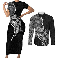 Hawaiian Kakau Tribal Sea Animals Tattoos Couples Matching Short Sleeve Bodycon Dress and Long Sleeve Button Shirt Black Color