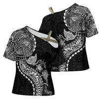 Hawaiian Kakau Tribal Sea Animals Tattoos Cross Shoulder Shirt Black Color