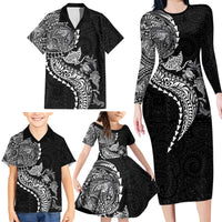 Hawaiian Kakau Tribal Sea Animals Tattoos Family Matching Long Sleeve Bodycon Dress and Hawaiian Shirt Black Color