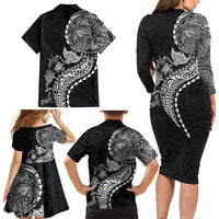 Hawaiian Kakau Tribal Sea Animals Tattoos Family Matching Long Sleeve Bodycon Dress and Hawaiian Shirt Black Color